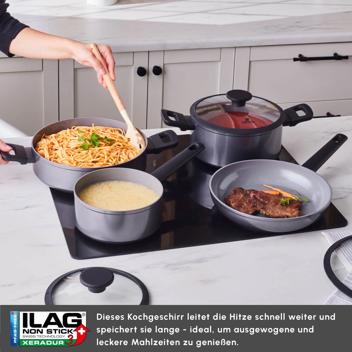 Karaca Ceramica Iconic Grau, 7-teiliges Kochgeschirr-Set, Induktion, Grau