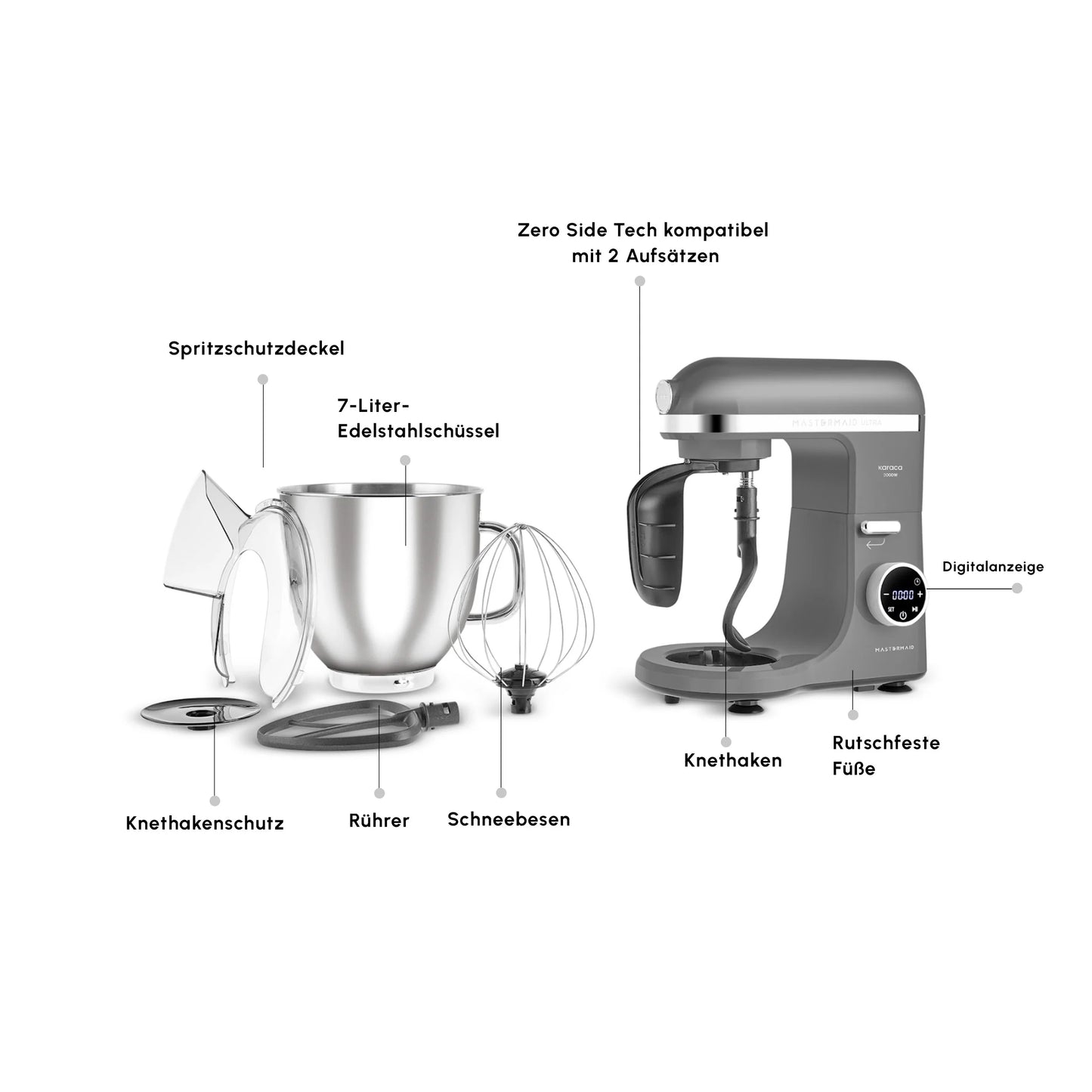 Karaca Mastermaid Chef Ultra D2000W Küchenmaschine mit Digitaldisplay Galaxy Grey 7L
