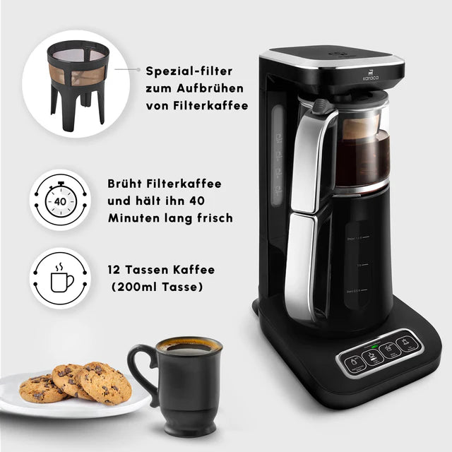 Karaca Caysever Robotea Pro 4 in 1 sprechender Teekocher, Wasserkocher und Filterkaffeemaschine, 2500W , Chrome