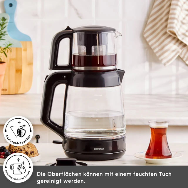 Karaca Glass Tea XL 2 in 1 Glas-Teekocher, Shiny Black